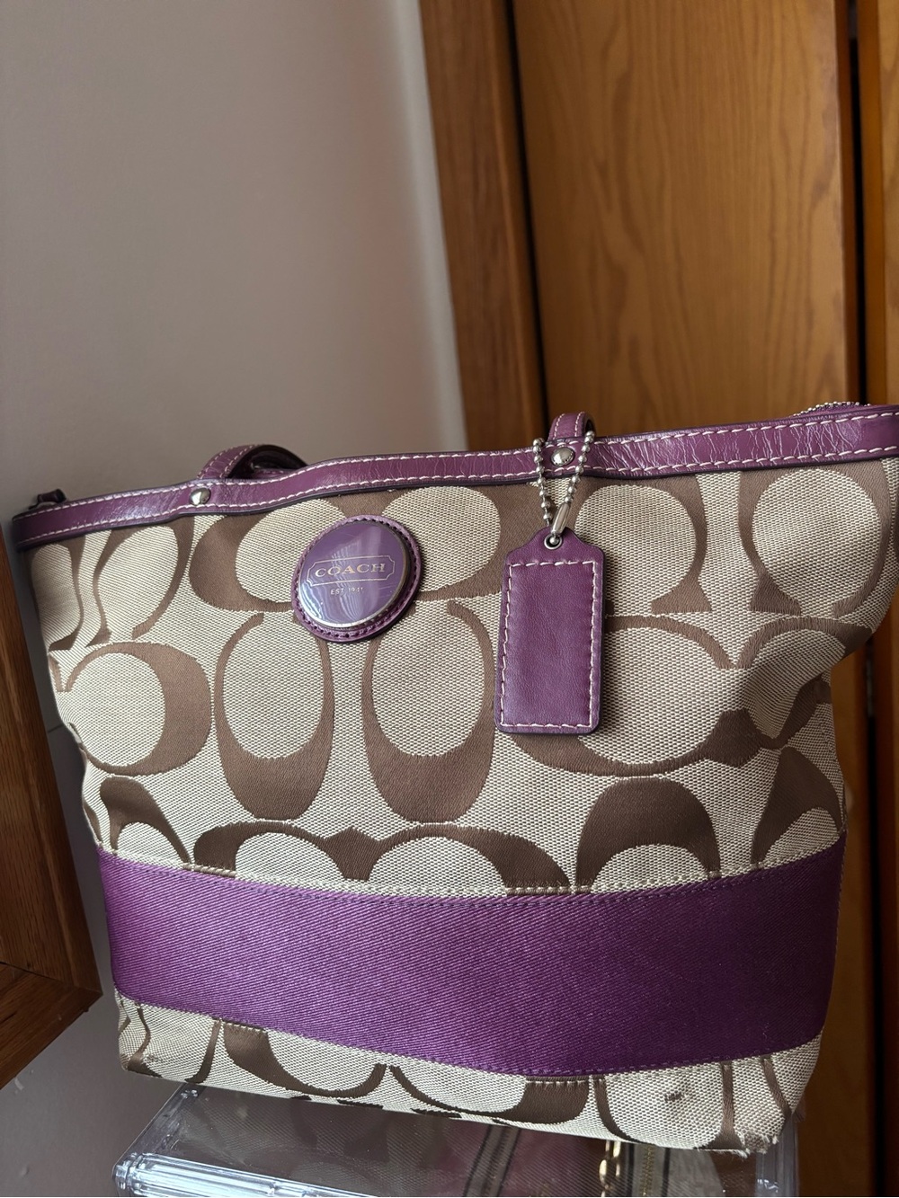 Coach Canvas Tote with Purple Trim and Brown Signature Print